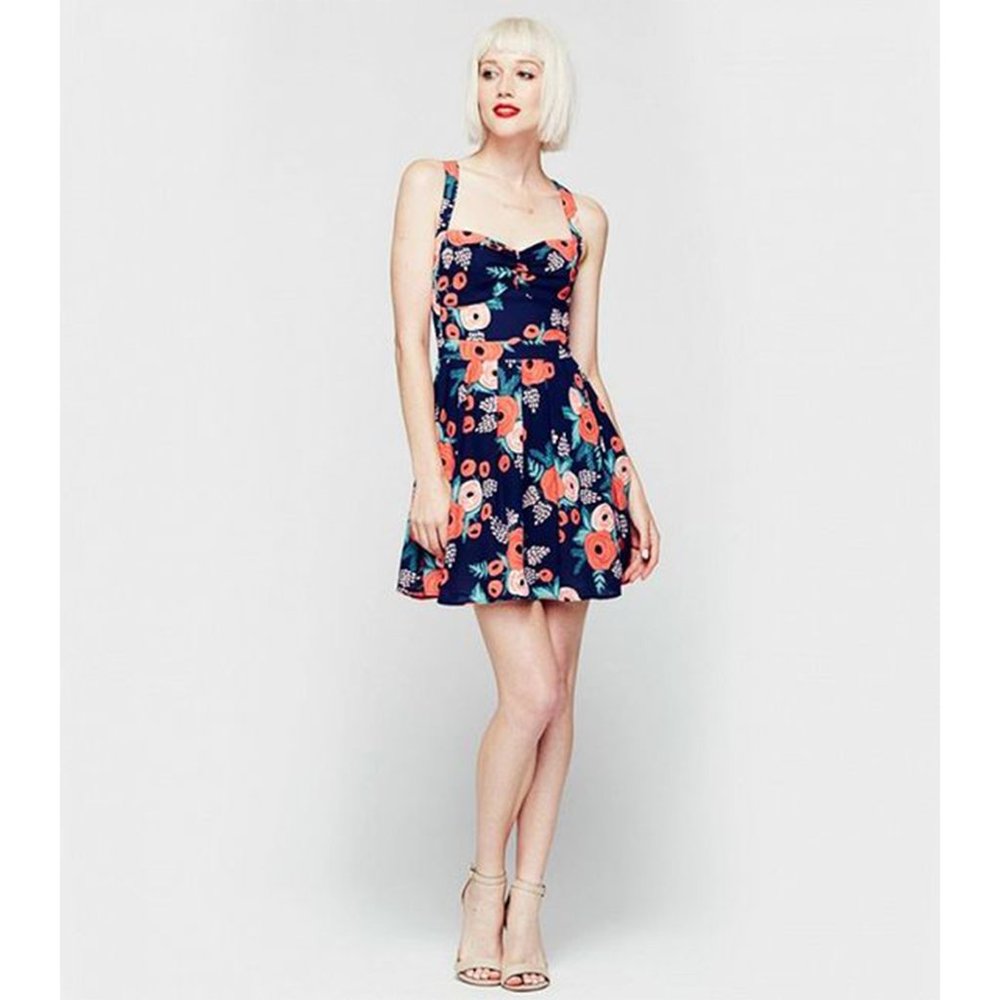 Paper Crown x Rifle Paper Co. Navy Floral Mini Dress with Coral and Pink Blooms
